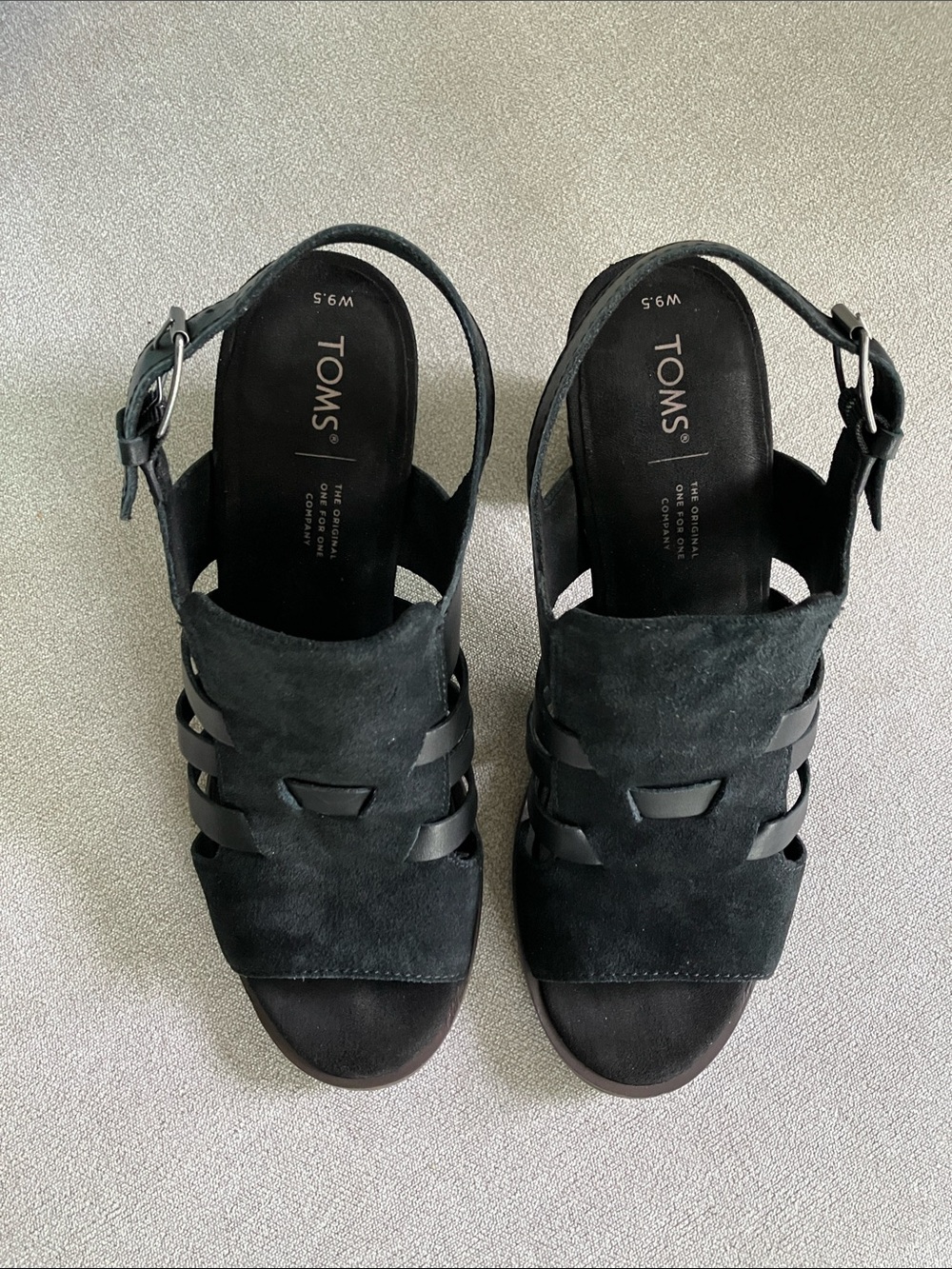 TOMS Black Suede Strappy Block Heel Sandals with Stacked Wood Heel - Picture 2 of 9